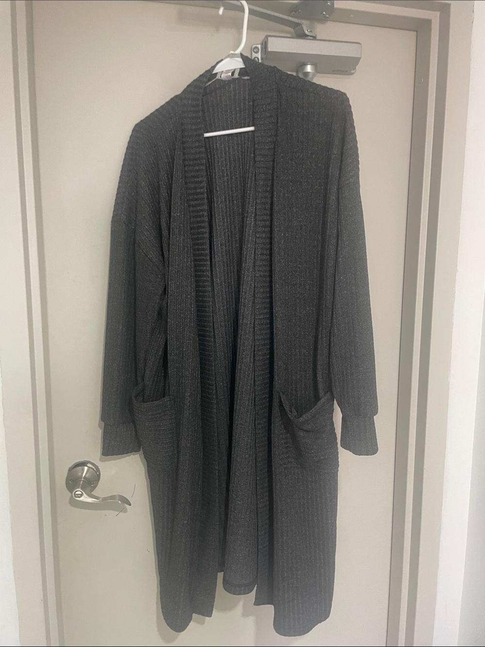 Long Open-Front Charcoal Ribbed Cardigan